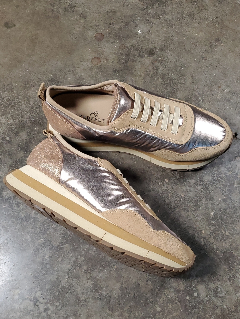 Naked Feet Kinetic Metallic Rose Gold and Beige Women’s Sneakers Size 7.5
